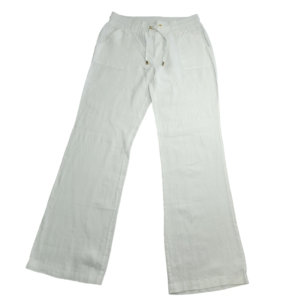 Forever 21 Women's Comfy High Waist Wide Leg Linen Pants with Pockets White Sz L